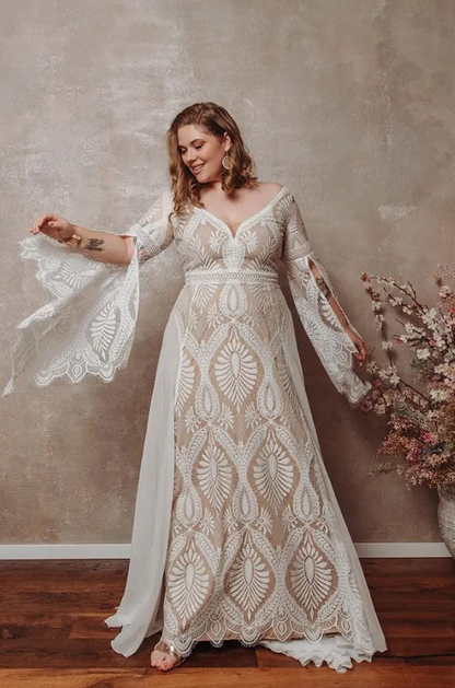 Long-Sleeved Flowing Beach Dress Plus Size | V-Neck Wedding Dress