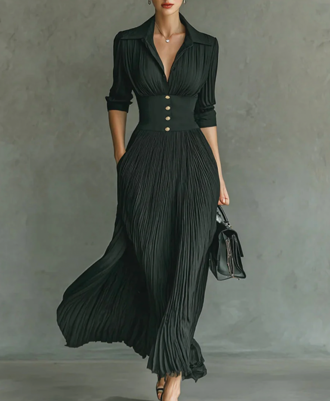 Aurrela – Chic Fitted Waist Dress | Black