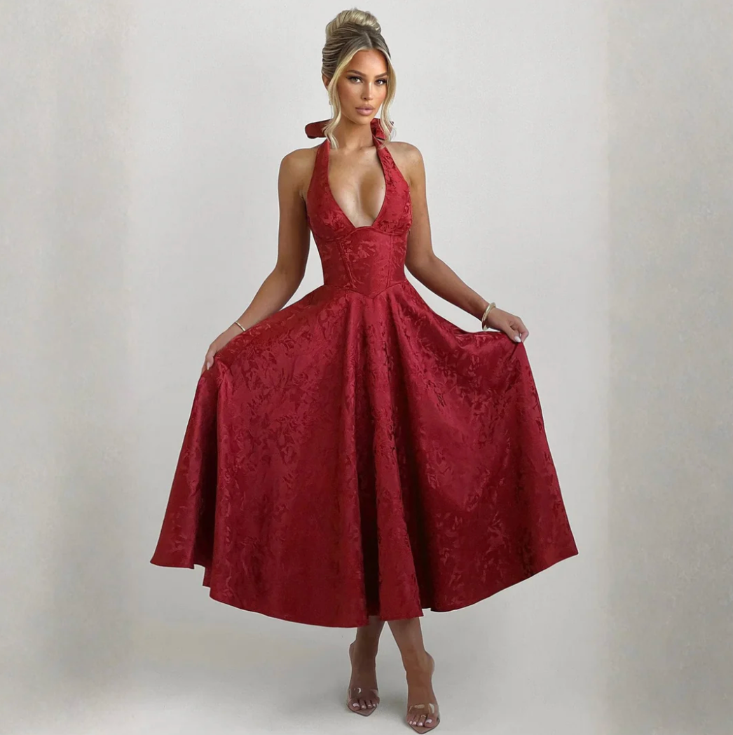 Aurrela | Chic Low Cut Sleeveless Open Back A-Line Halter Maxi Dress