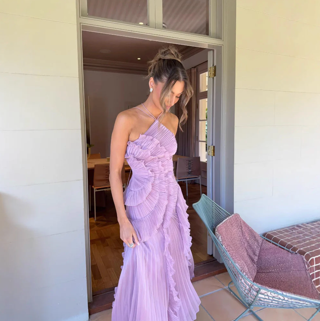 Aurrela | Elegant Halter Neck Lotus Summer Maxi Dress