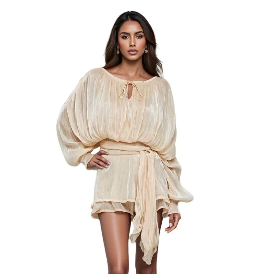 Aurrela | Ruffle Skirt Two-Piece with Lantern Sleeves & Tie-up Front