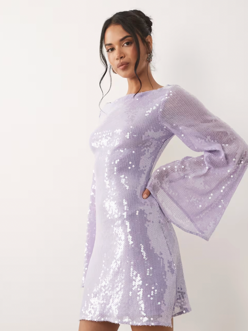 Aurrela | Sequin Waterfall Sleeve Mini Dress in Lilac