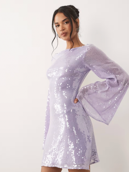 Aurrela | Sequin Waterfall Sleeve Mini Dress in Lilac
