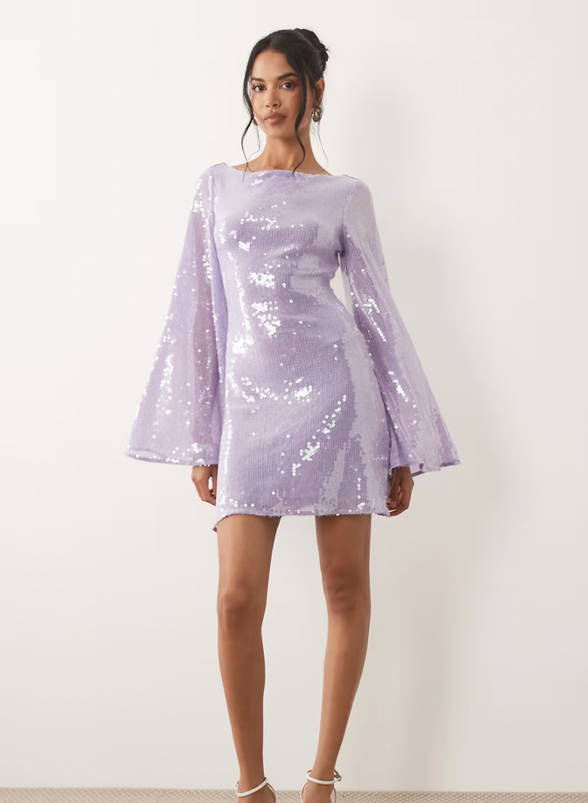 Aurrela | Sequin Waterfall Sleeve Mini Dress in Lilac