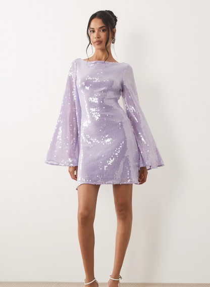 Aurrela | Sequin Waterfall Sleeve Mini Dress in Lilac