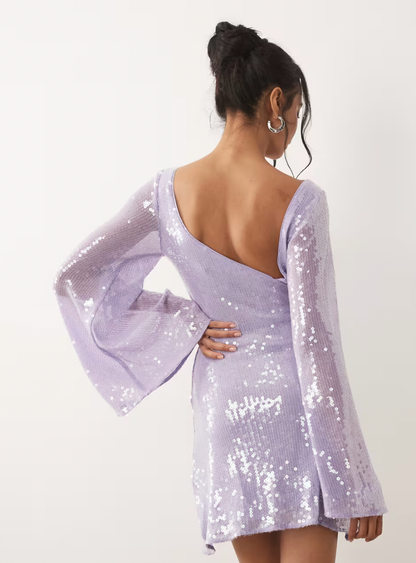 Aurrela | Sequin Waterfall Sleeve Mini Dress in Lilac