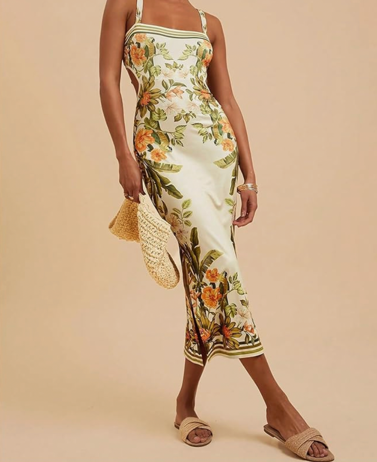 Aurrela | Tropical Long Dress with Bow on the Back