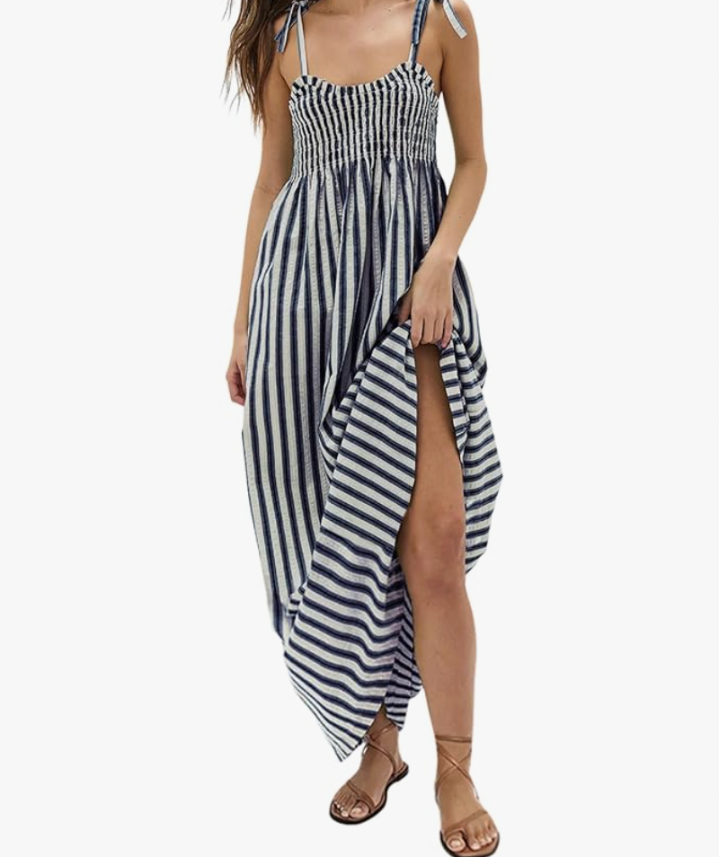 Aurrella | Women's Maxi Dress with Stripes and Linen Lining with Pockets