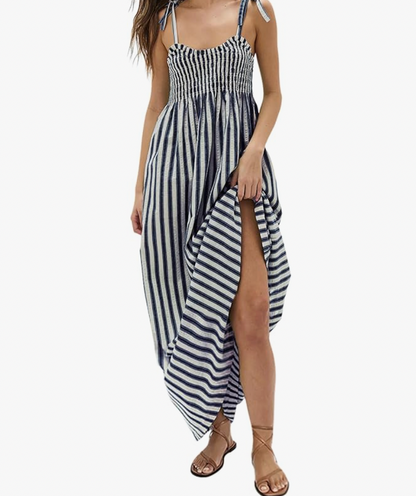 Aurrella | Women's Maxi Dress with Stripes and Linen Lining with Pockets