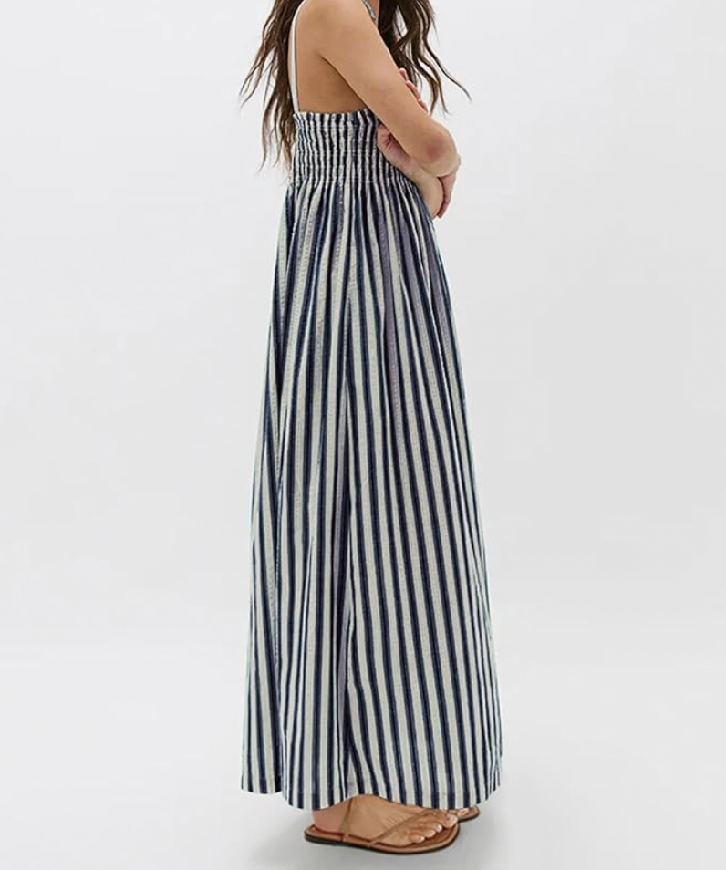 Aurrella | Women's Maxi Dress with Stripes and Linen Lining with Pockets