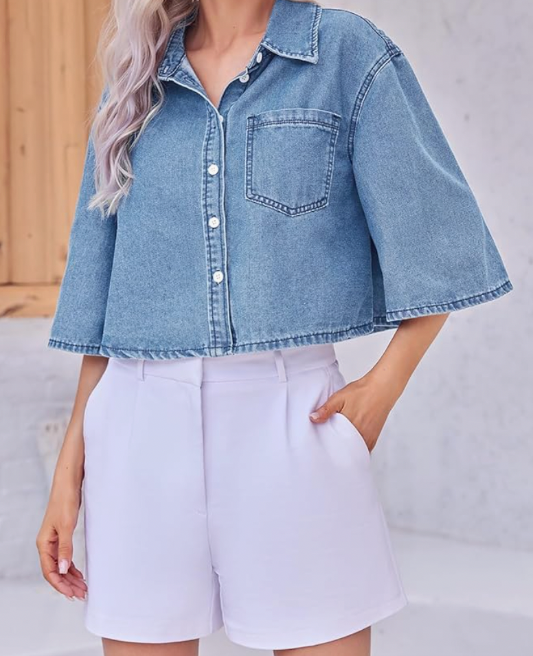 Aurrela | Cropped Denim Shirt with Short Sleeves