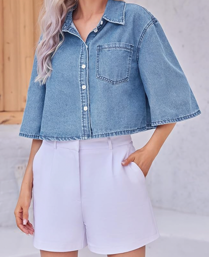 Aurrela | Cropped Denim Shirt with Short Sleeves
