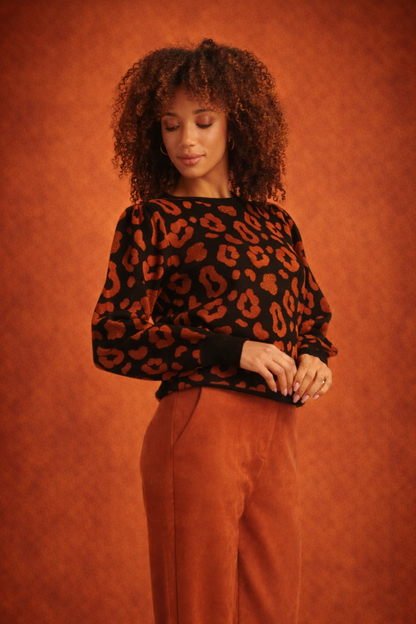 Knitted Animal Print Top | Black – Cognac