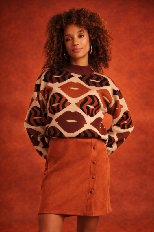 Gebreide Trui Met LippEnprInt in Bruin en Cognac | Brown